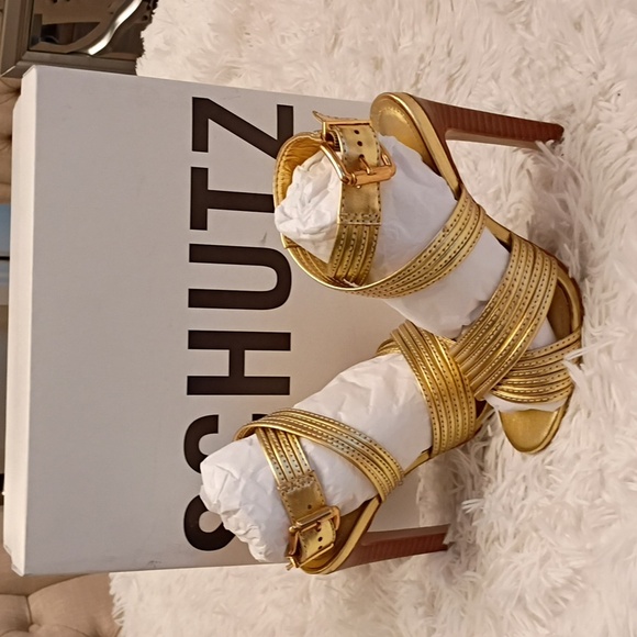 New SCHUTZ Marcella Women's Metallic Gold Strappy Stiletto Heels SZ 5B - Picture 2 of 13